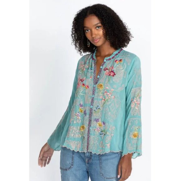 Johnny Was Allbee Blouse Marine Blue Long Shirt Flower Embroidery Top Large NEW - Picture 6 of 8